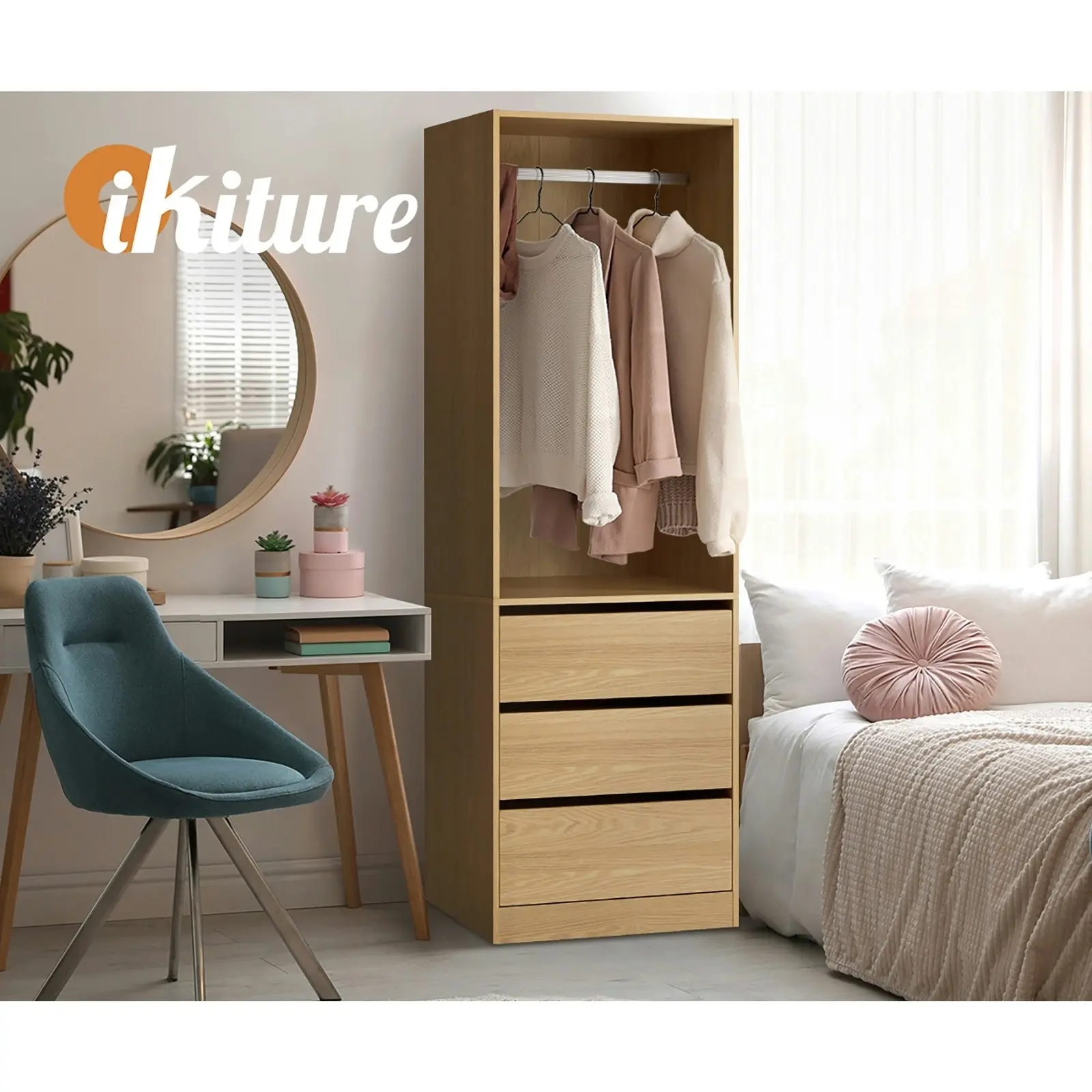 Oikiture Wardrobe Clothes Storage Organizer 3 Drawers Hanging Rail Natural