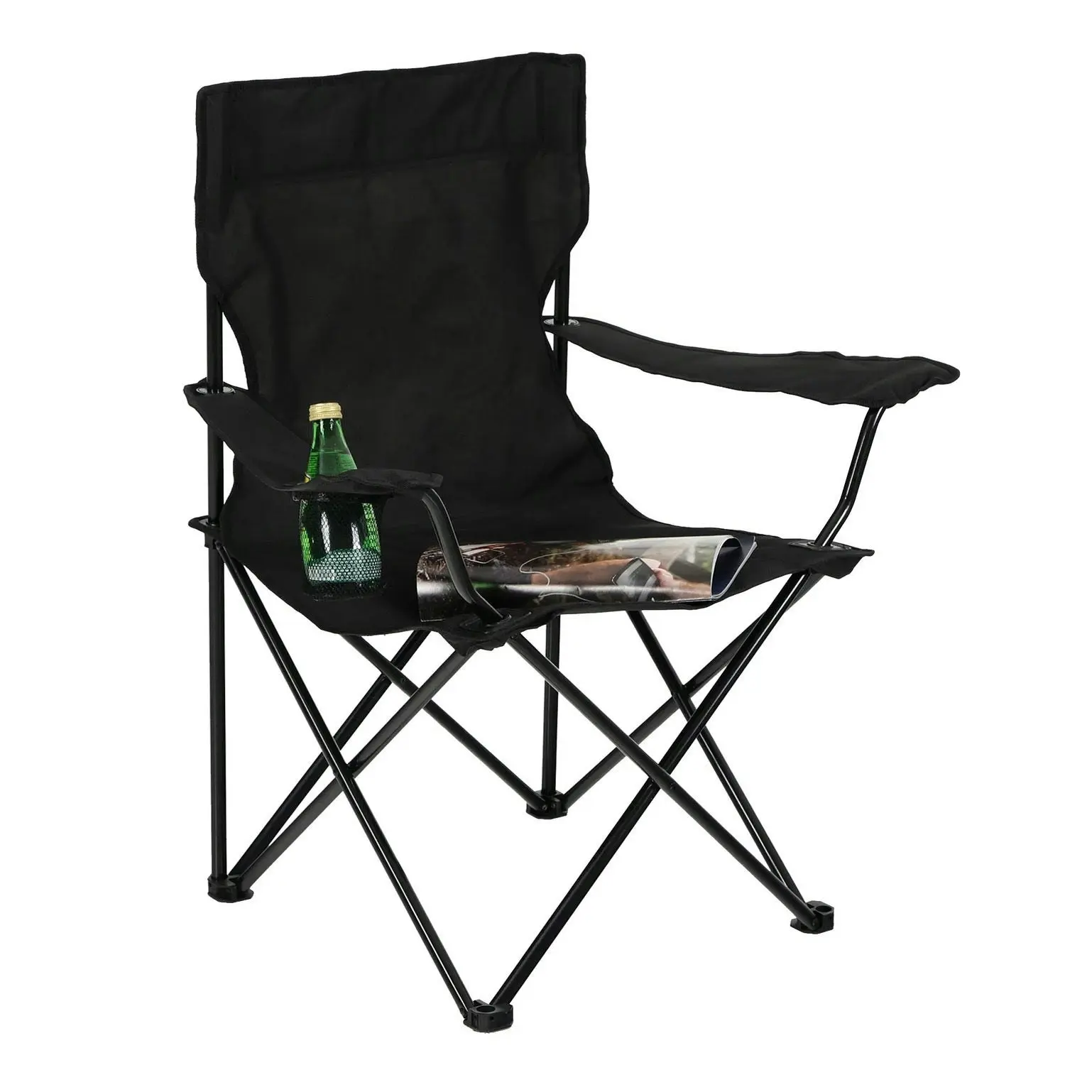 Portable Folding Camping Beach Chair with Arm Rest Cup Holder & Storage Bag (Black)