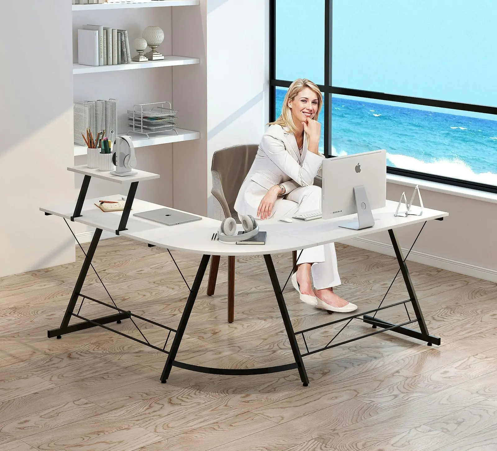 Premium Executive Corner Desk Professional Double Workstation (White)