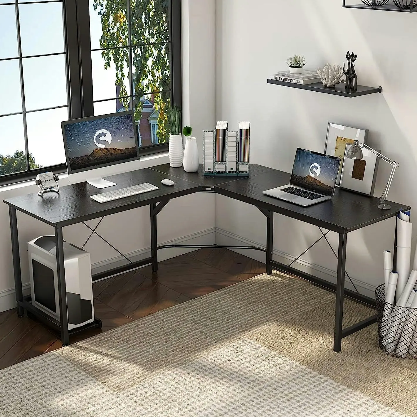 Prestige Corner Computer Desk Office Double Workstation (Black)