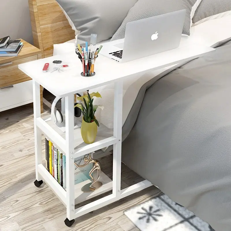 Large Supreme Sofa Bed Side Table Laptop Desk with Shelves & Wheels (White)