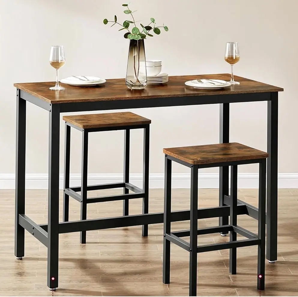 3 Piece Grandeur Premium Rustic Wood & Steel Bar Table and Stools Dinning Set