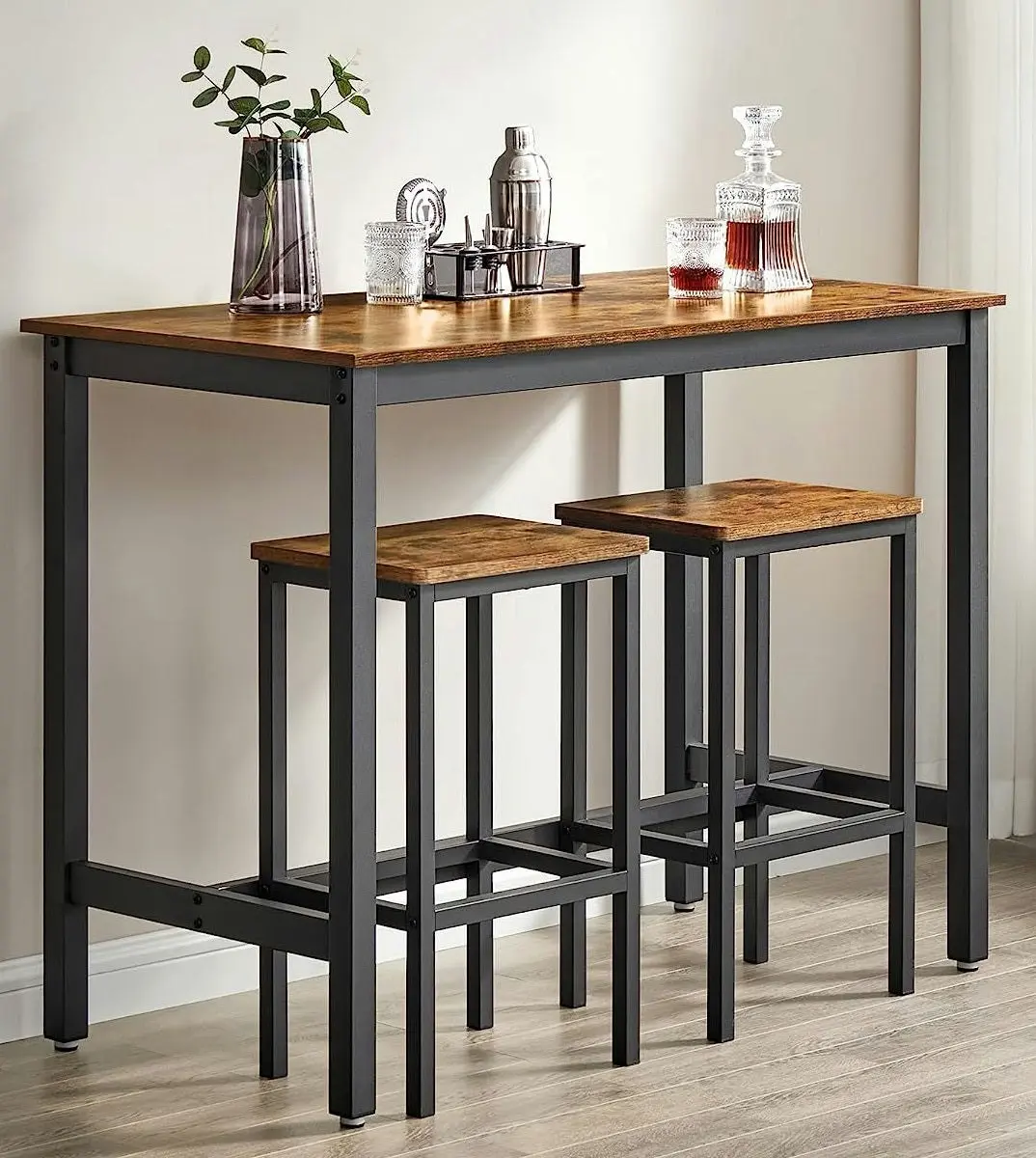 3 Piece Grandeur Premium Rustic Wood & Steel Bar Table and Stools Dinning Set