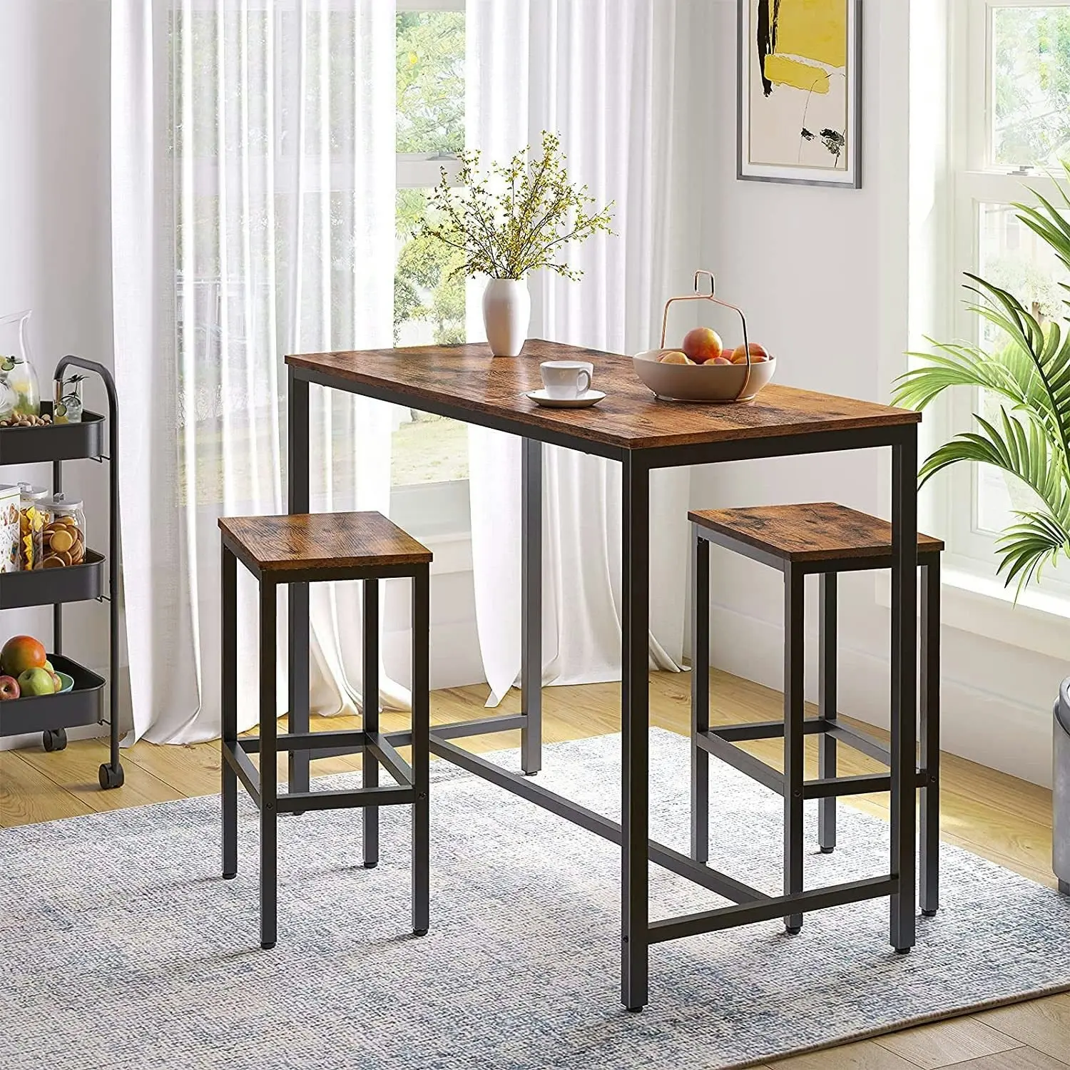 3 Piece Grandeur Premium Rustic Wood & Steel Bar Table and Stools Dinning Set