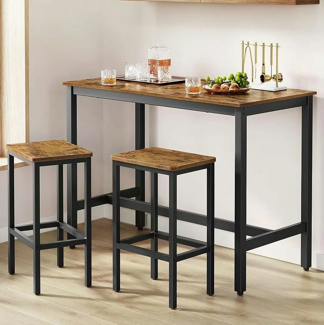 3 Piece Grandeur Premium Rustic Wood & Steel Bar Table and Stools Dinning Set