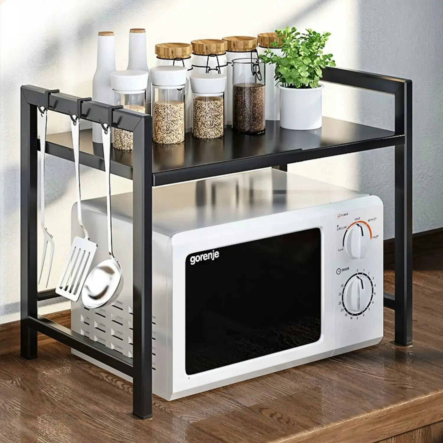 Adjustable Multifunction Steel Microwave Oven Rack Stand Kitchen Shelf Cabinet (Black)