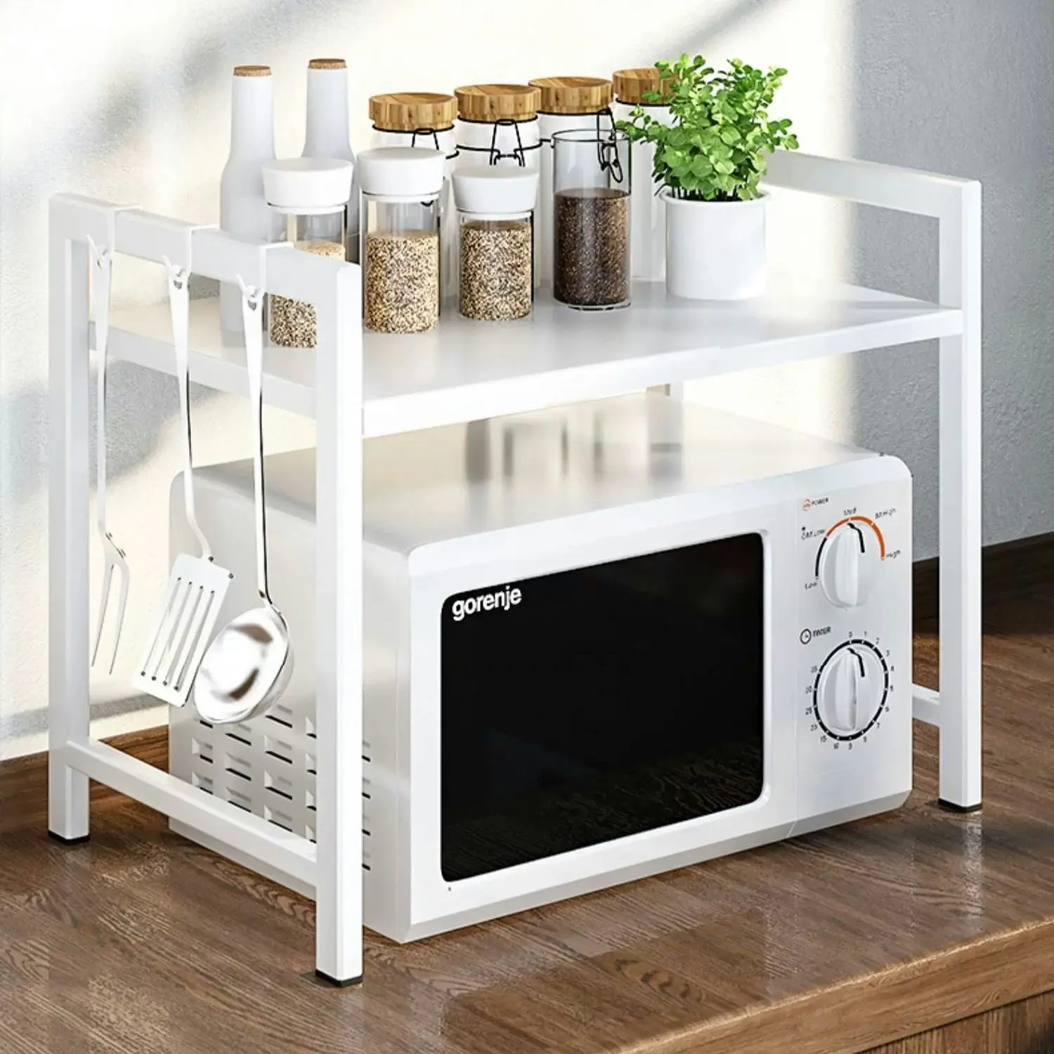 Adjustable Multifunction Steel Microwave Oven Rack Stand Kitchen Shelf Cabinet (White)