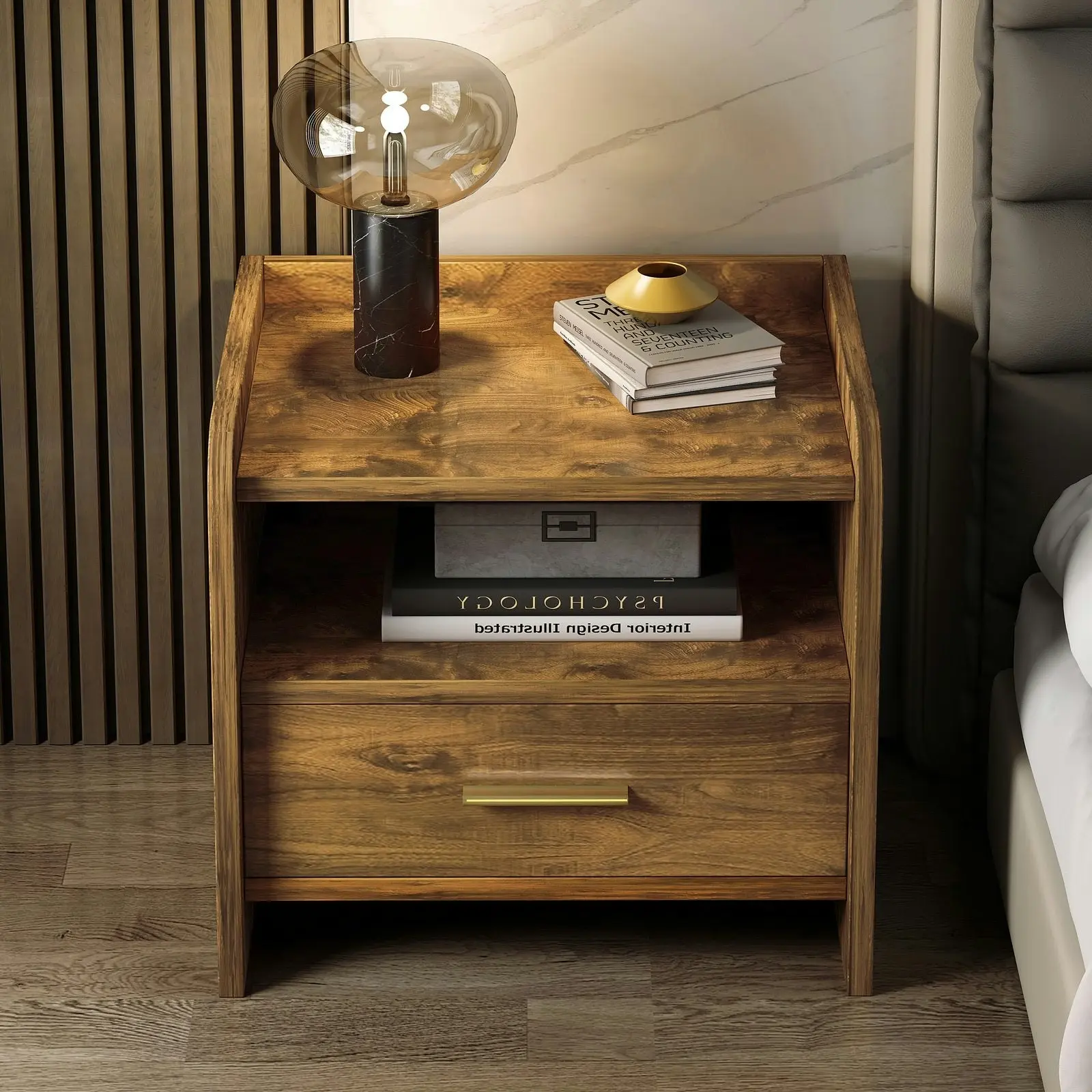 Serene Bedside Table Nightstand with Drawer (Rustic Wood)