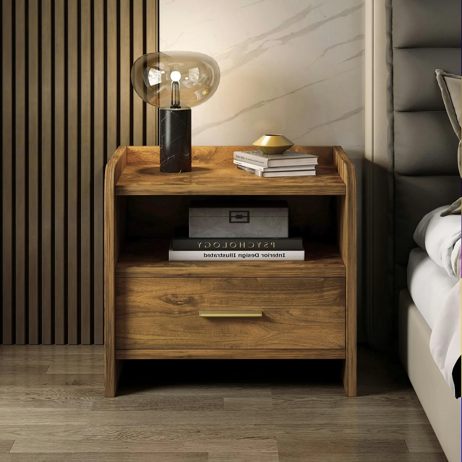 Serene Bedside Table Nightstand with Drawer (Rustic Wood)