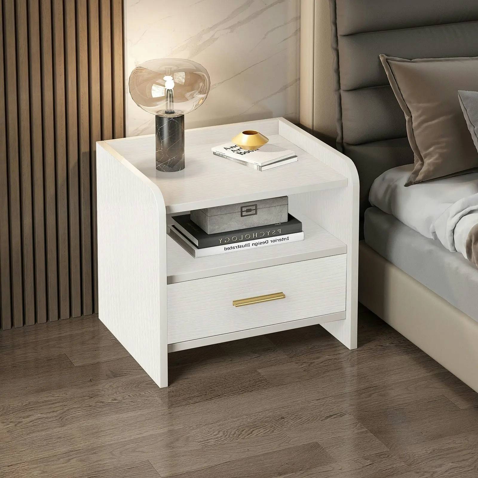 Serene Bedside Table Nightstand with Drawer (White)