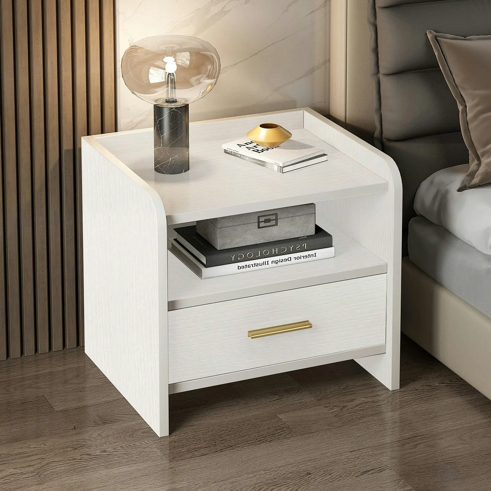 Serene Bedside Table Nightstand with Drawer (White)