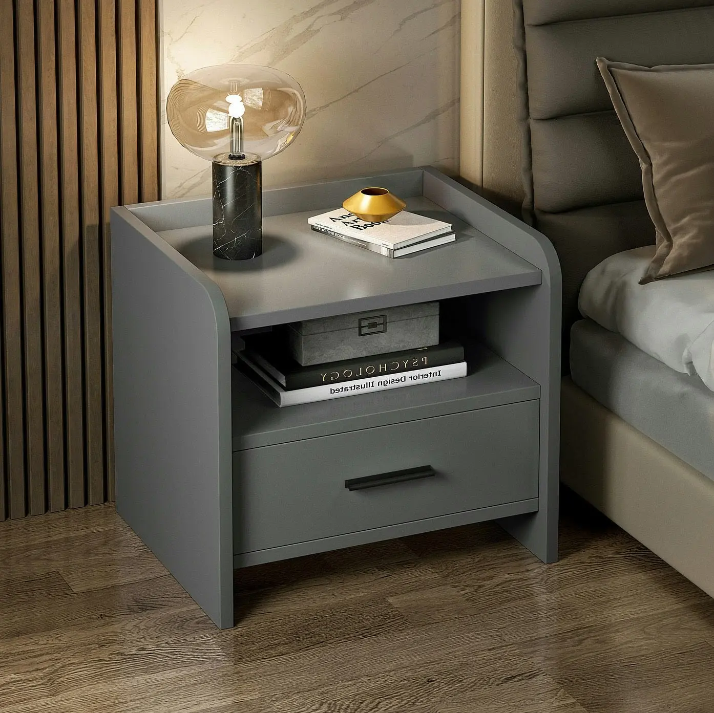 Serene Bedside Table Nightstand with Drawer (Charcoal)