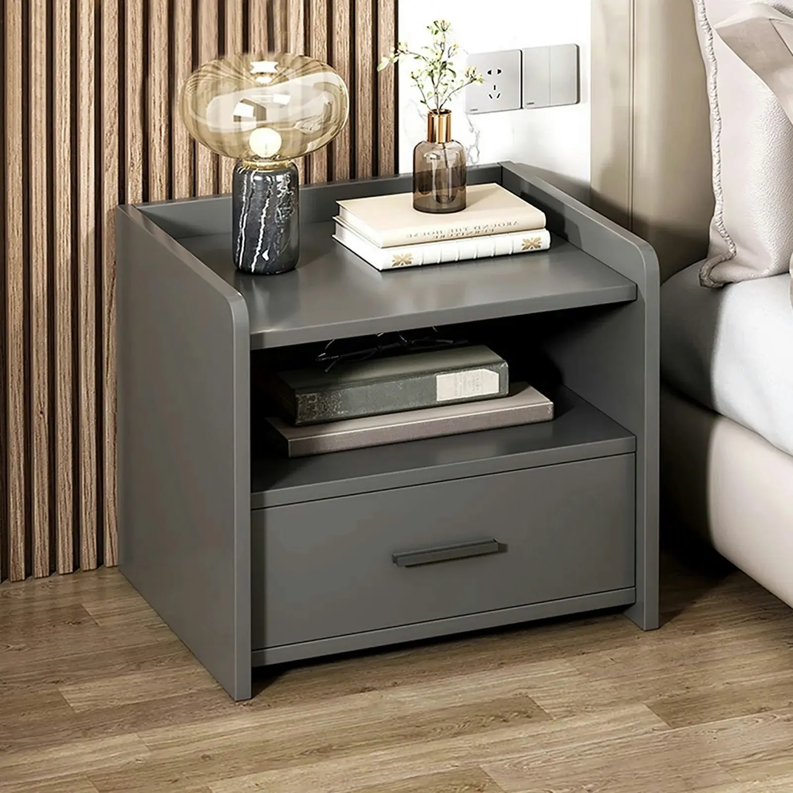 Serene Bedside Table Nightstand with Drawer (Charcoal)