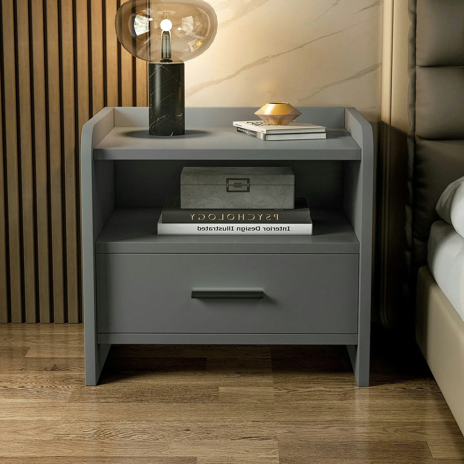 Serene Bedside Table Nightstand with Drawer (Charcoal)