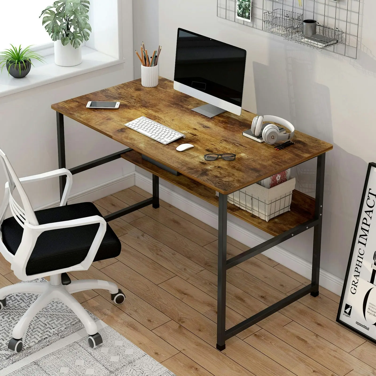 Studio Rustic Wood & Metal Computer Desk with Shelf