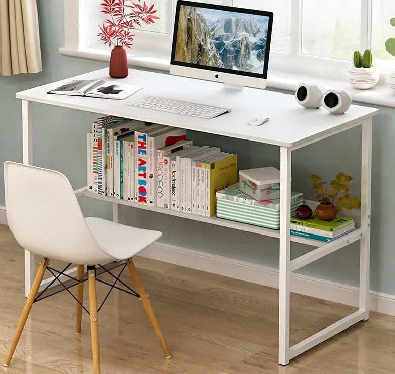 Studio Wood & Metal Computer Desk with Shelf (White)