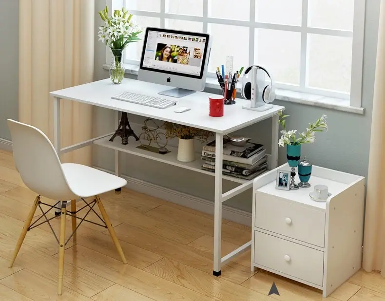 Studio Wood & Metal Computer Desk with Shelf (White)