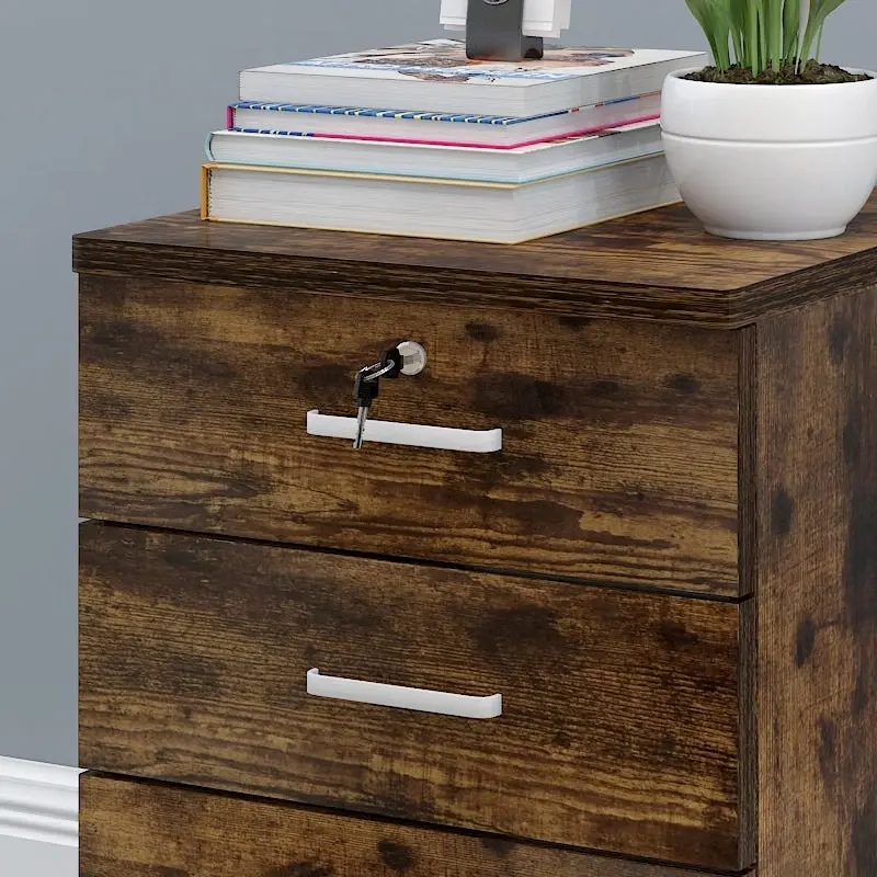 Miami 3 Drawer Bedside Table Cabinet with Wheels (Rustic Wood)