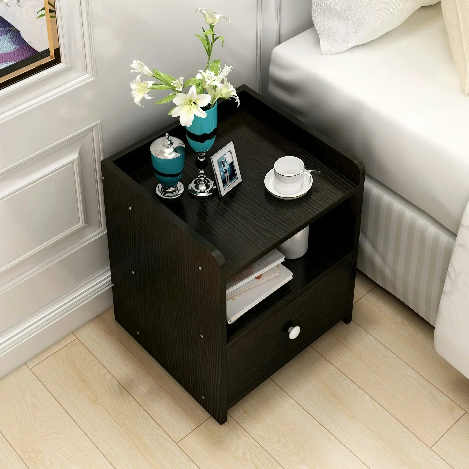 Varossa Classic Bedside Table with Drawer (Black Wood)