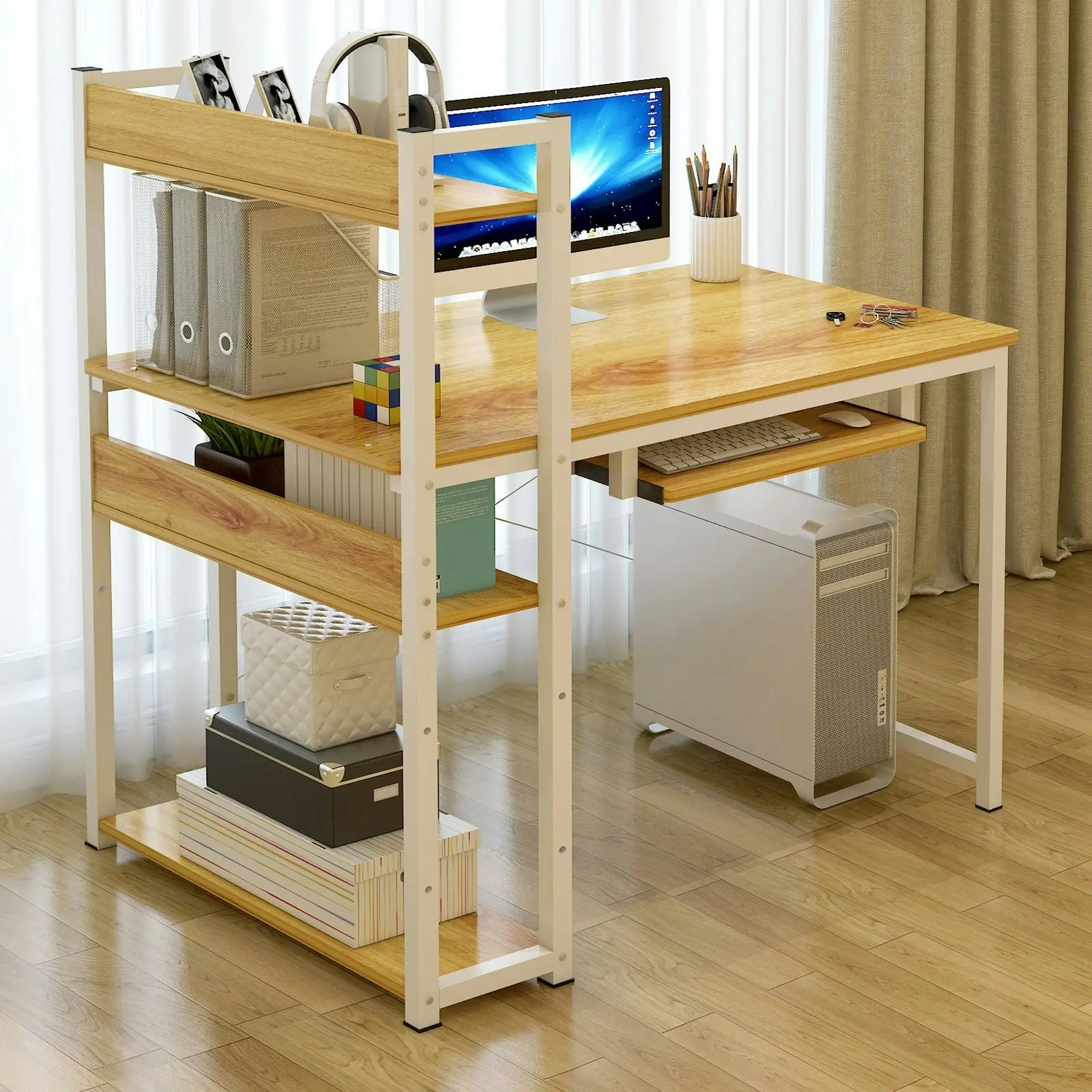 Edge Plus Combination Workstation Computer Desk with Storage Shelves (Oak)