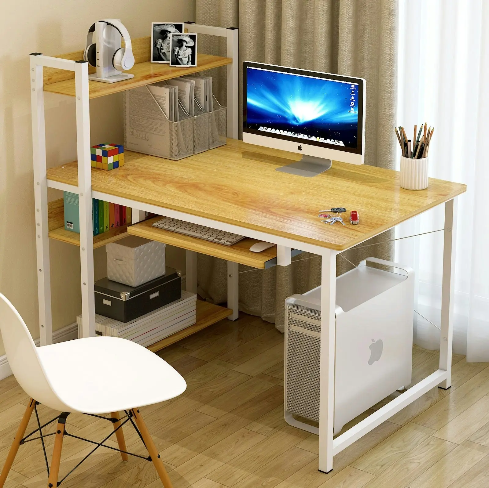 Edge Plus Combination Workstation Computer Desk with Storage Shelves (Oak)