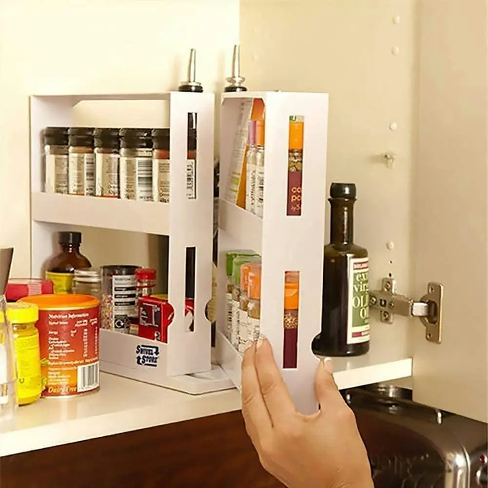 2-Tier Rotating Spice Storage Rack Seasoning Holder Kitchen Cabinet Shelf Organiser