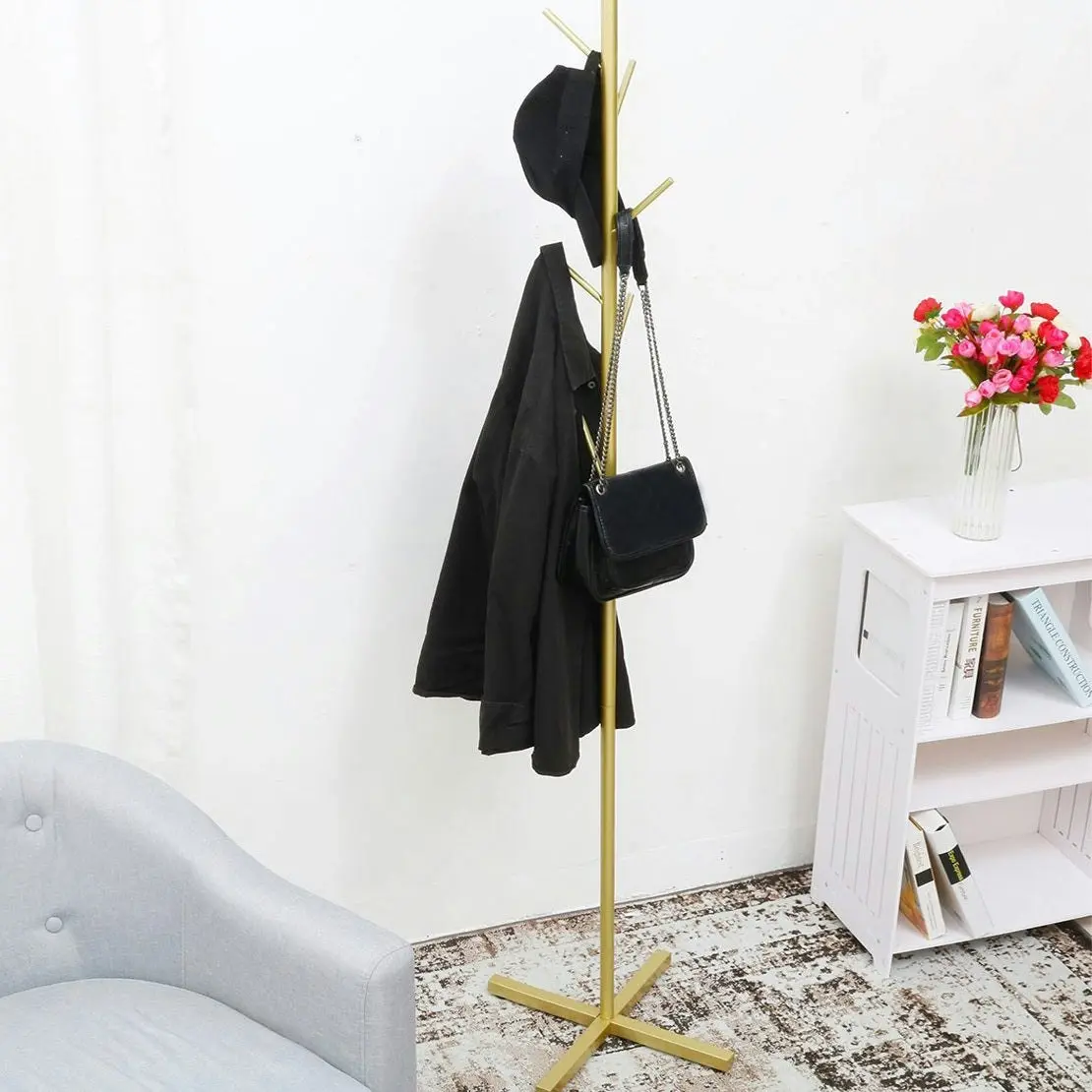 Freestanding Metal Coat Hat Hanging Stand Clothes Hanger Rack Tree Organiser (Gold)