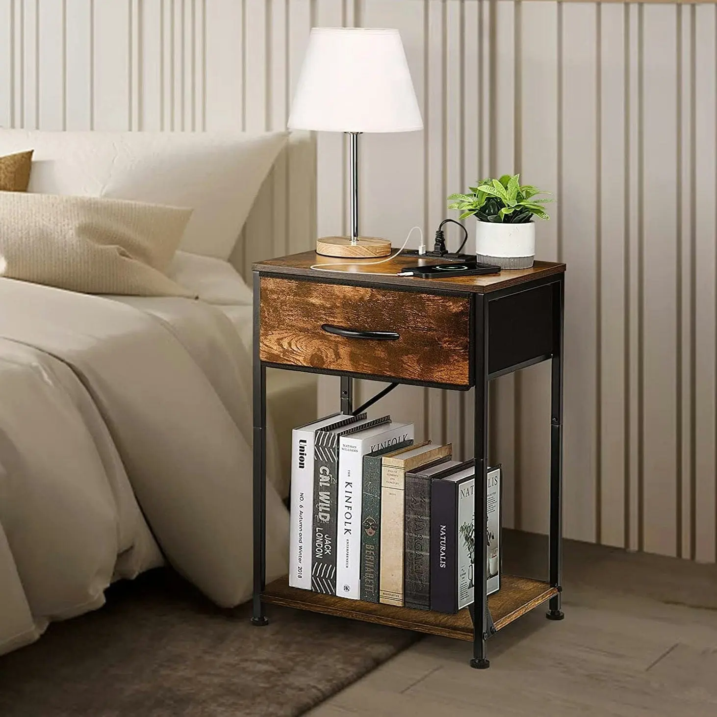 Zen Premium Rustic Wood and Steel Bedside Sofa Side Table with Drawer