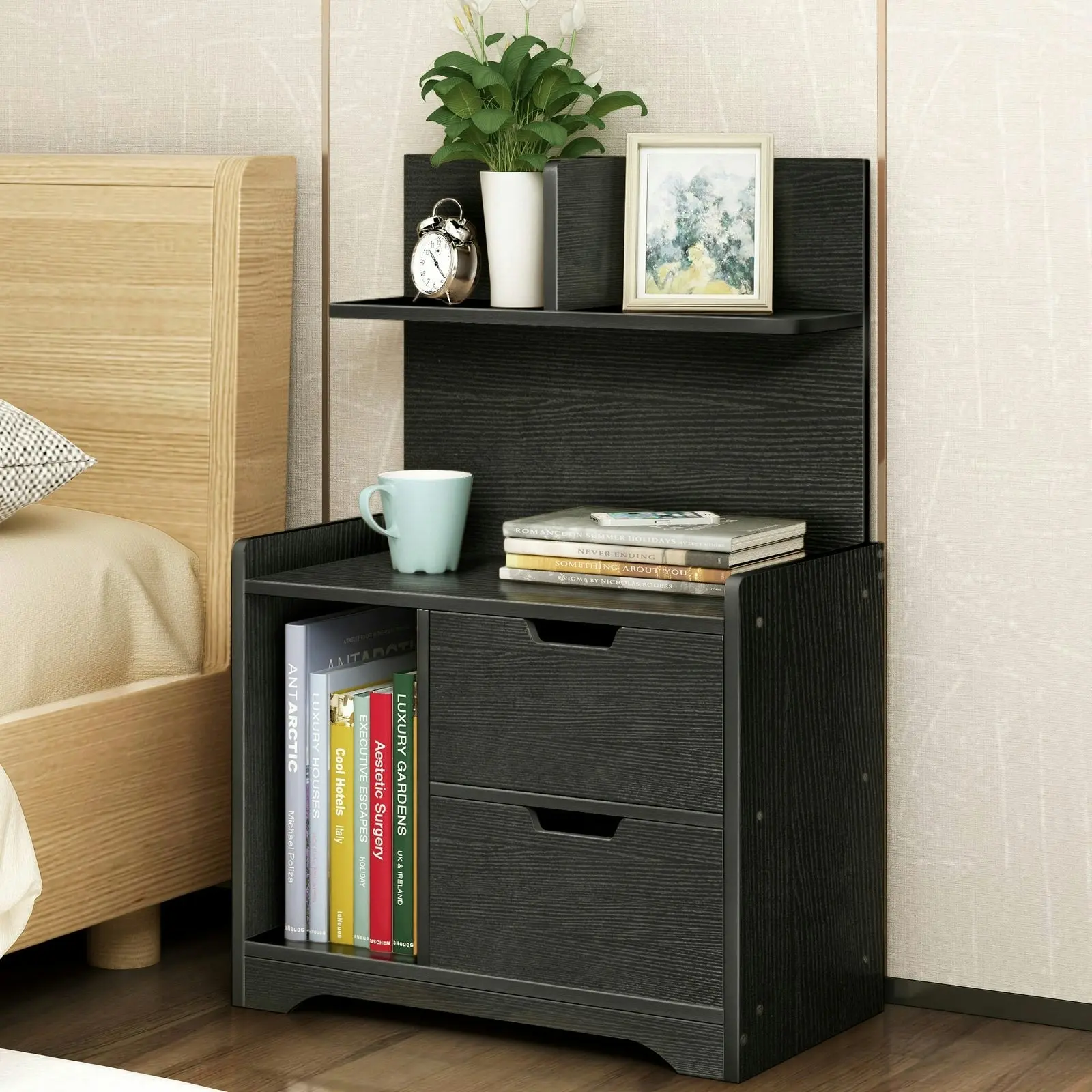 Harmony Tall Bed Side Table with Chest of Drawers and Shelf (Black)