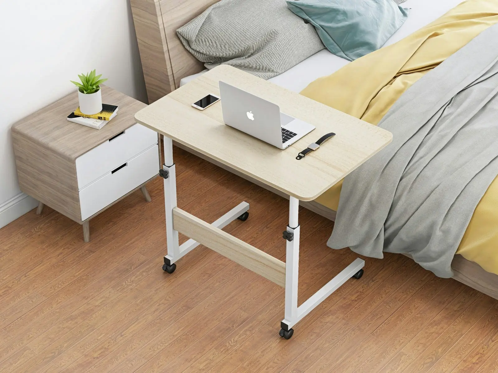 Impact Adjustable Portable Sofa Bed Side Table Laptop Desk with Wheels (White Oak)