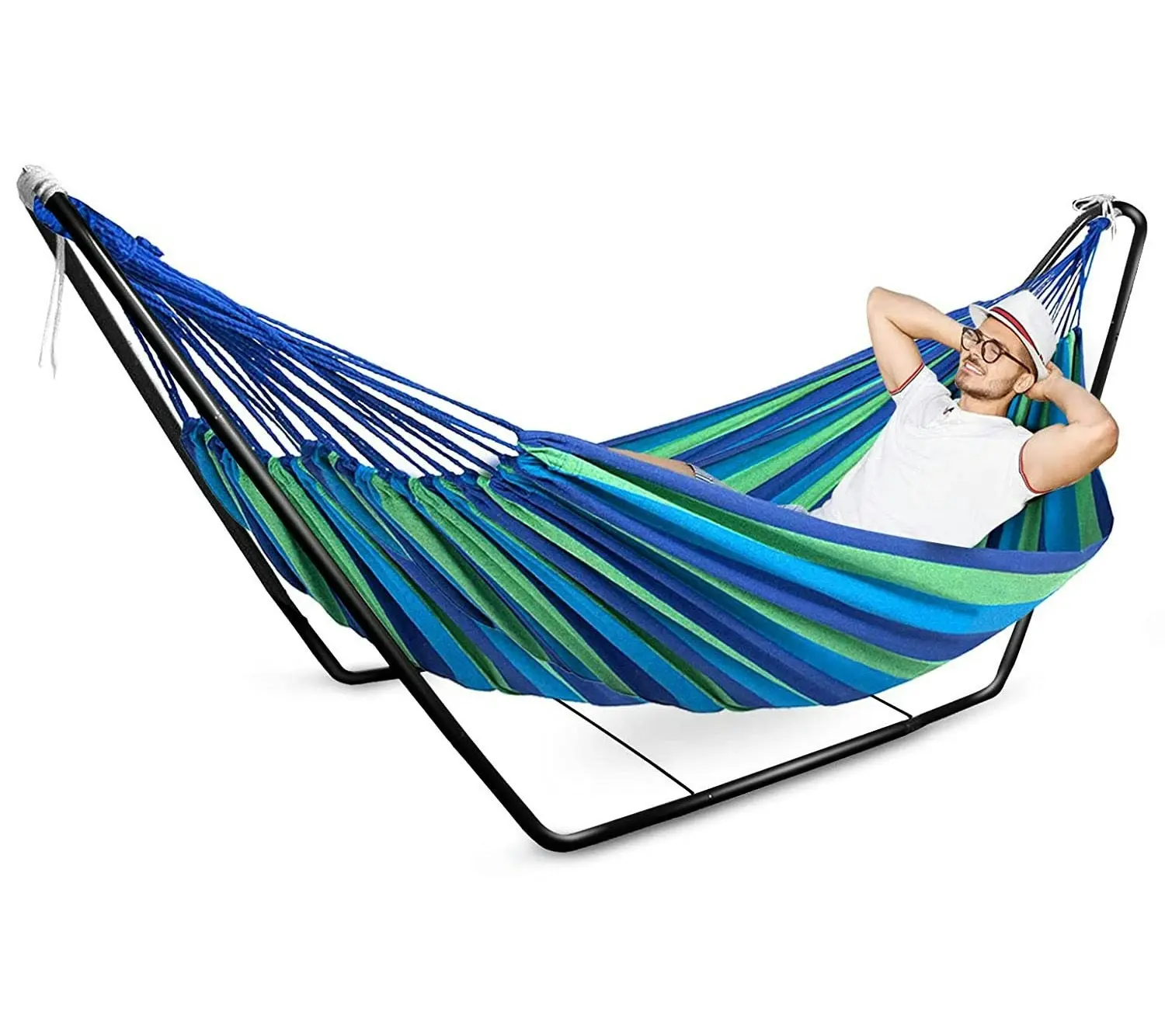 Deluxe Steel Hammock Stand & Cotton Hammock Combo Set (Blue)