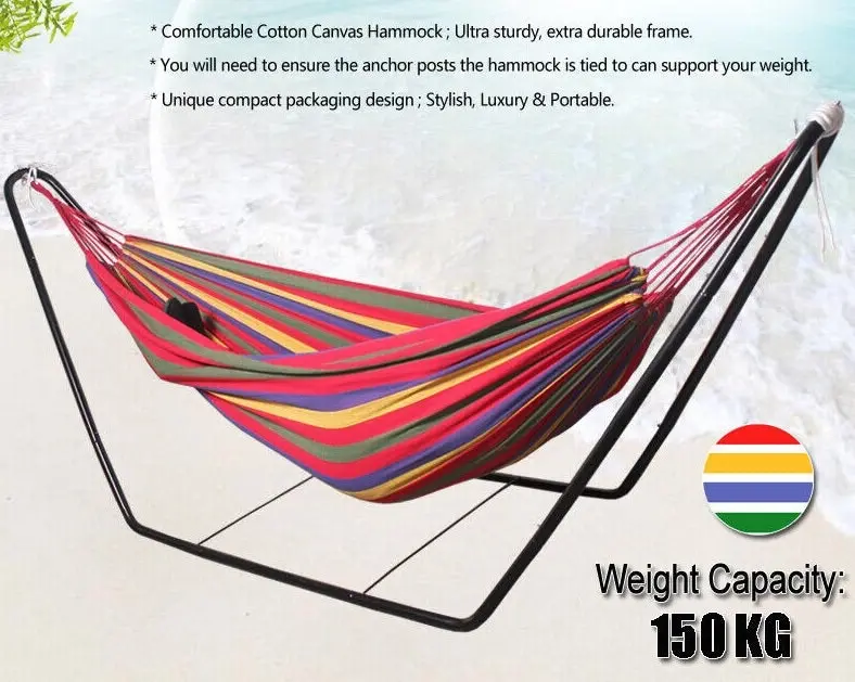 Deluxe Double Hammock and Premium Steel Stand Combo Set (Colourful Stripes)