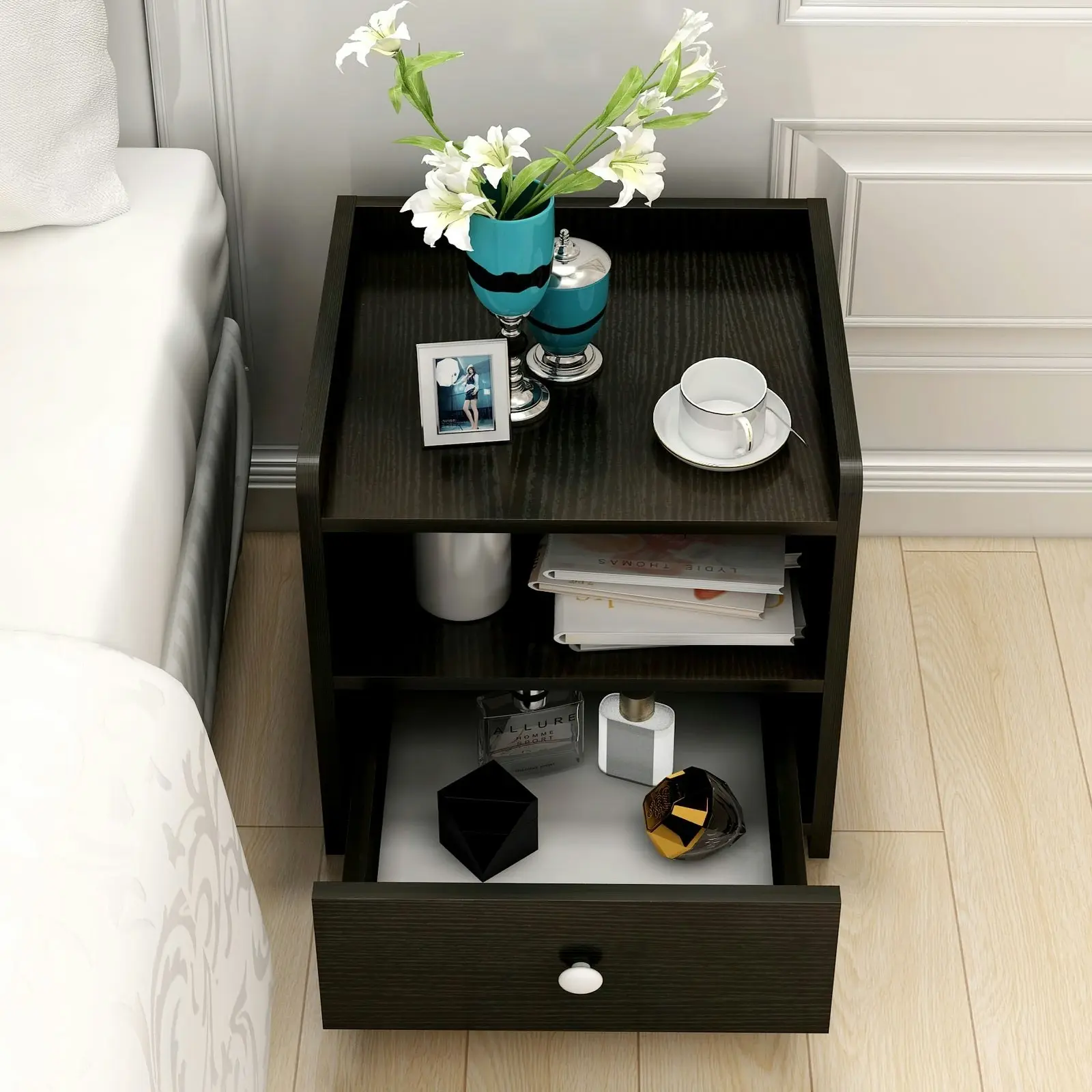 2 x Varossa Classic Bedside Table with Drawer (Black Wood)