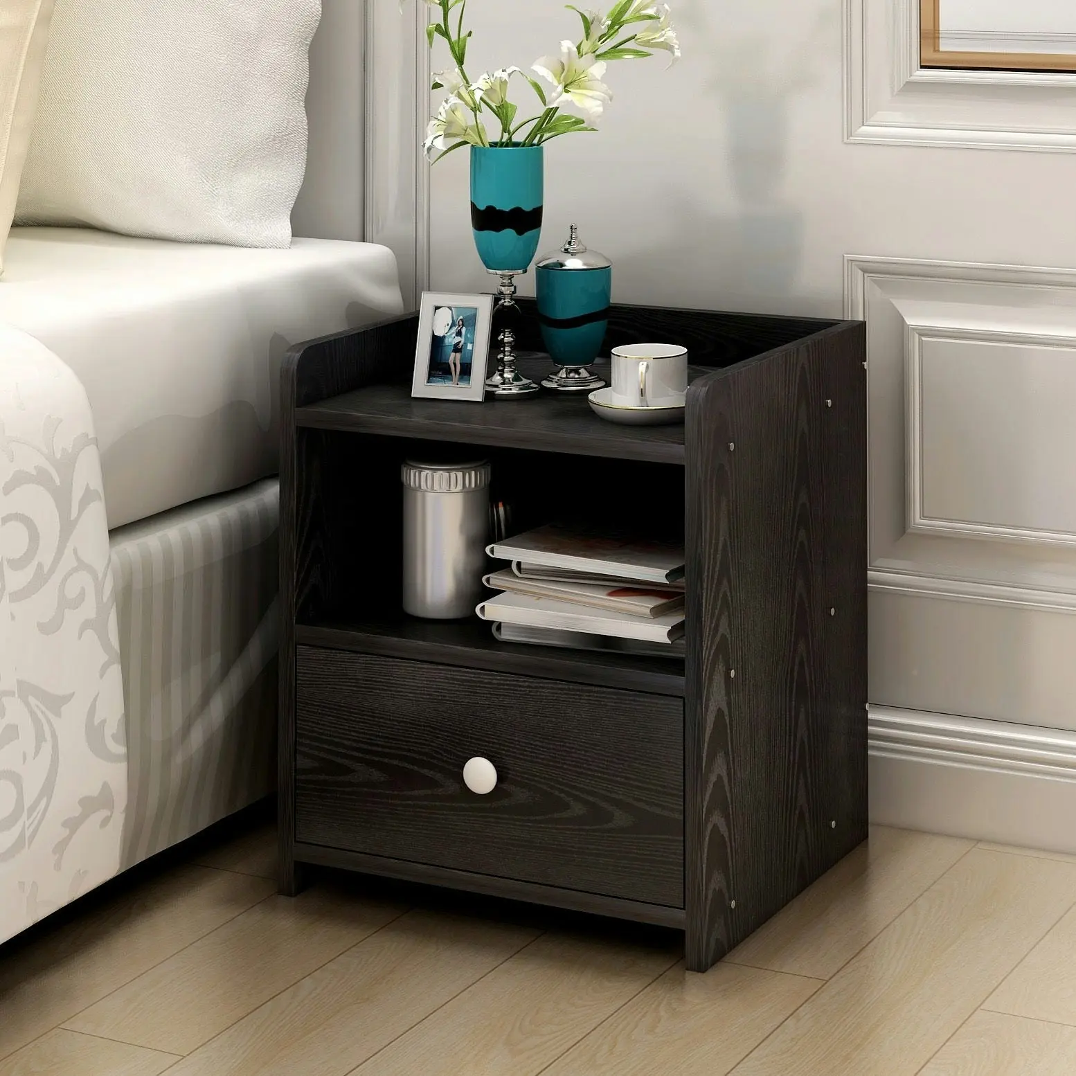 2 x Varossa Classic Bedside Table with Drawer (Black Wood)