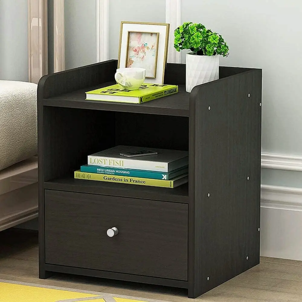 2 x Varossa Classic Bedside Table with Drawer (Black Wood)