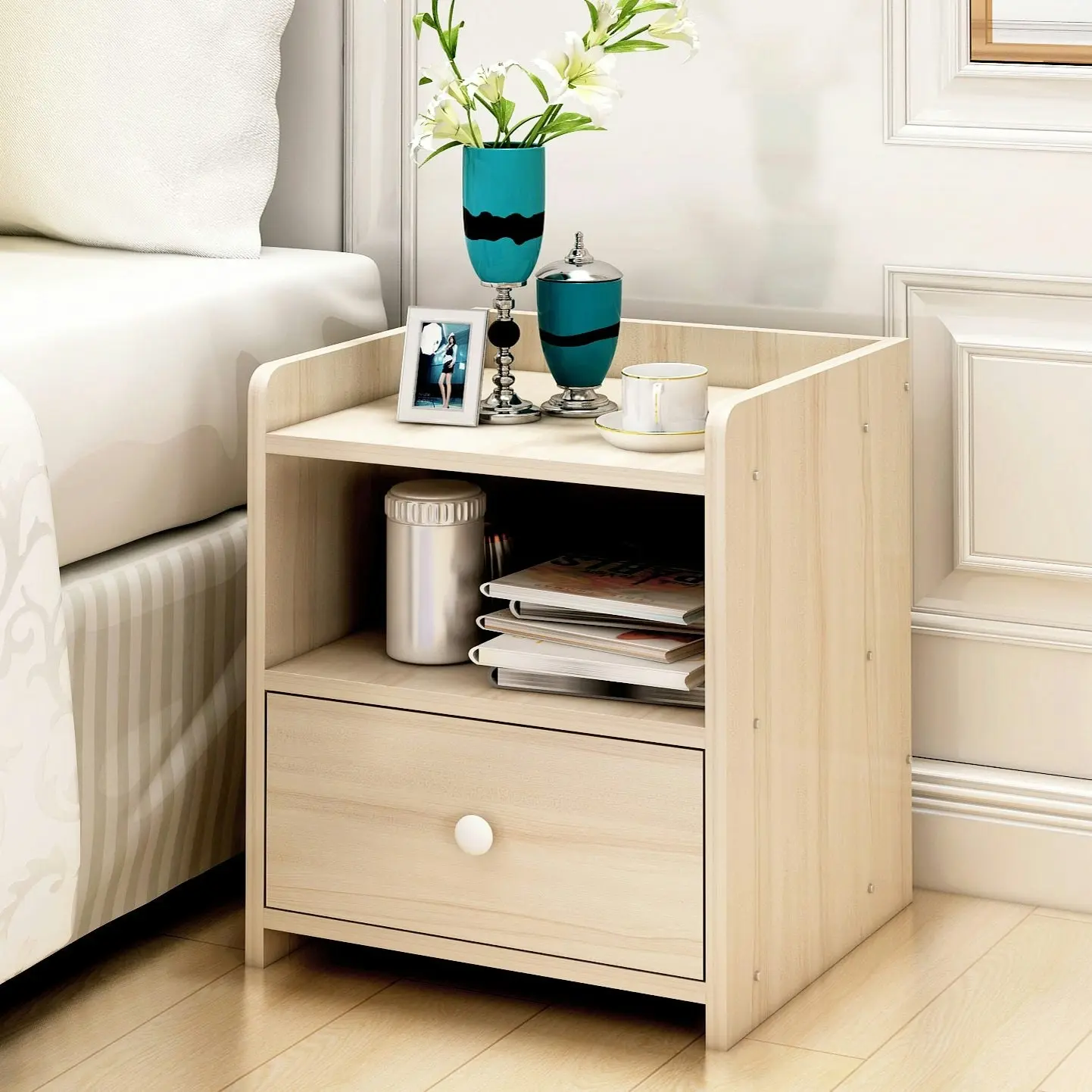 2 x Varossa Classic Bedside Table with Drawer (White Oak)