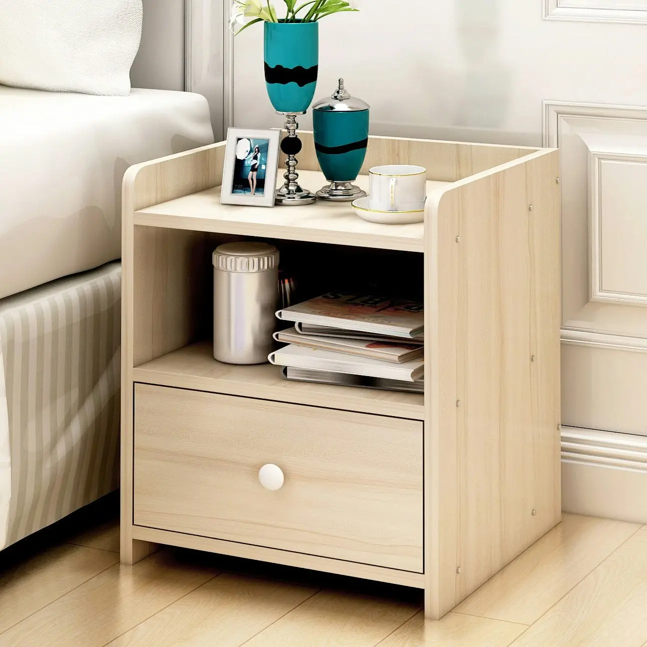 2 x Varossa Classic Bedside Table with Drawer (White Oak)