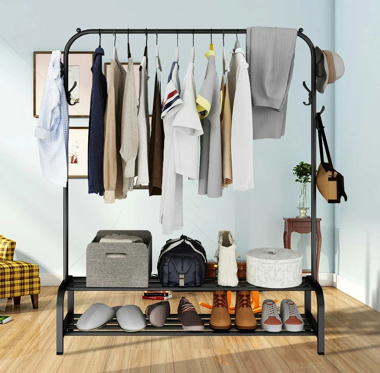 Large 2-Tier Coat Hanging Stand Wardrobe Clothes Hanger Rack with Shelf (Black)