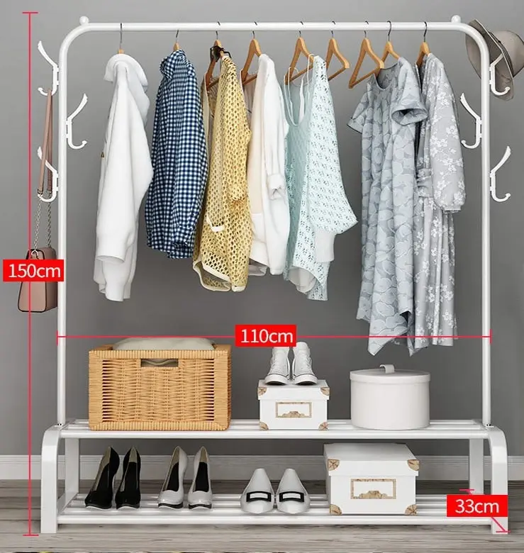 Large 2-Tier Coat Hanging Stand Wardrobe Clothes Hanger Rack with Shelf (White)