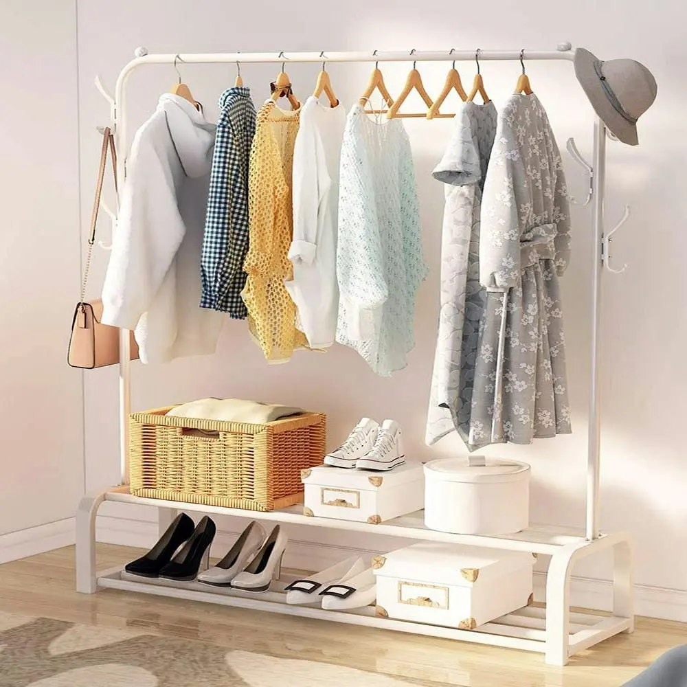 Large 2-Tier Coat Hanging Stand Wardrobe Clothes Hanger Rack with Shelf (White)