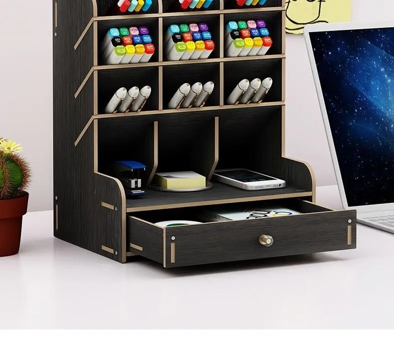 Multi-function Wooden Pen Holder Desktop Organizer Storage Box with Drawer (Black)