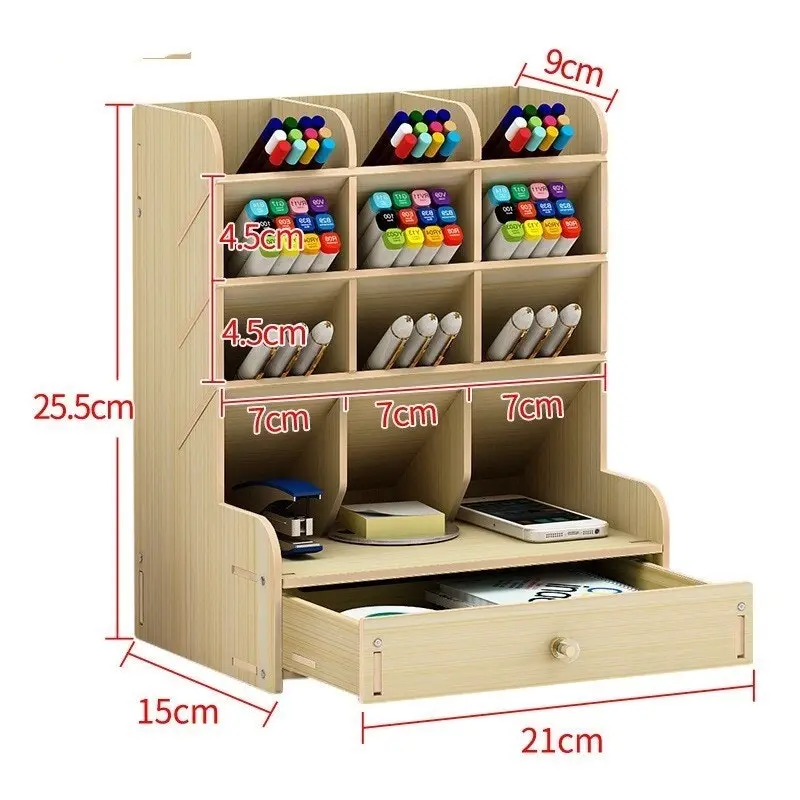 Multi-function Wooden Pen Holder Desktop Organizer Storage Box with Drawer (White Oak)