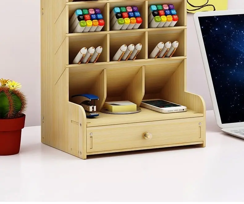 Multi-function Wooden Pen Holder Desktop Organizer Storage Box with Drawer (White Oak)