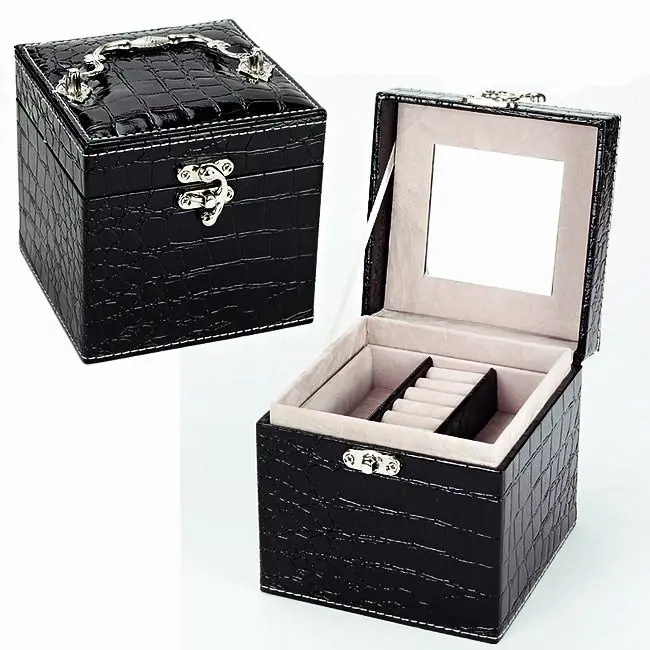 Deluxe Crocodile Leather Look Jewellery Box Storage Case Organiser (Black)