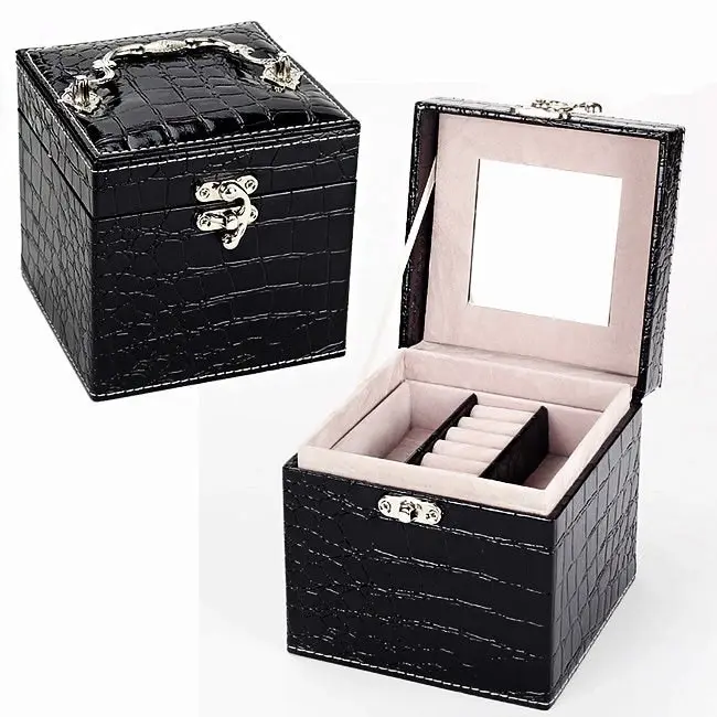 Deluxe Crocodile Leather Look Jewellery Box Storage Case Organiser (Black)