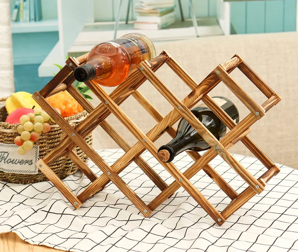 Wooden Wine Rack 10 Bottle Organiser Folding Holder Bar Display Shelf