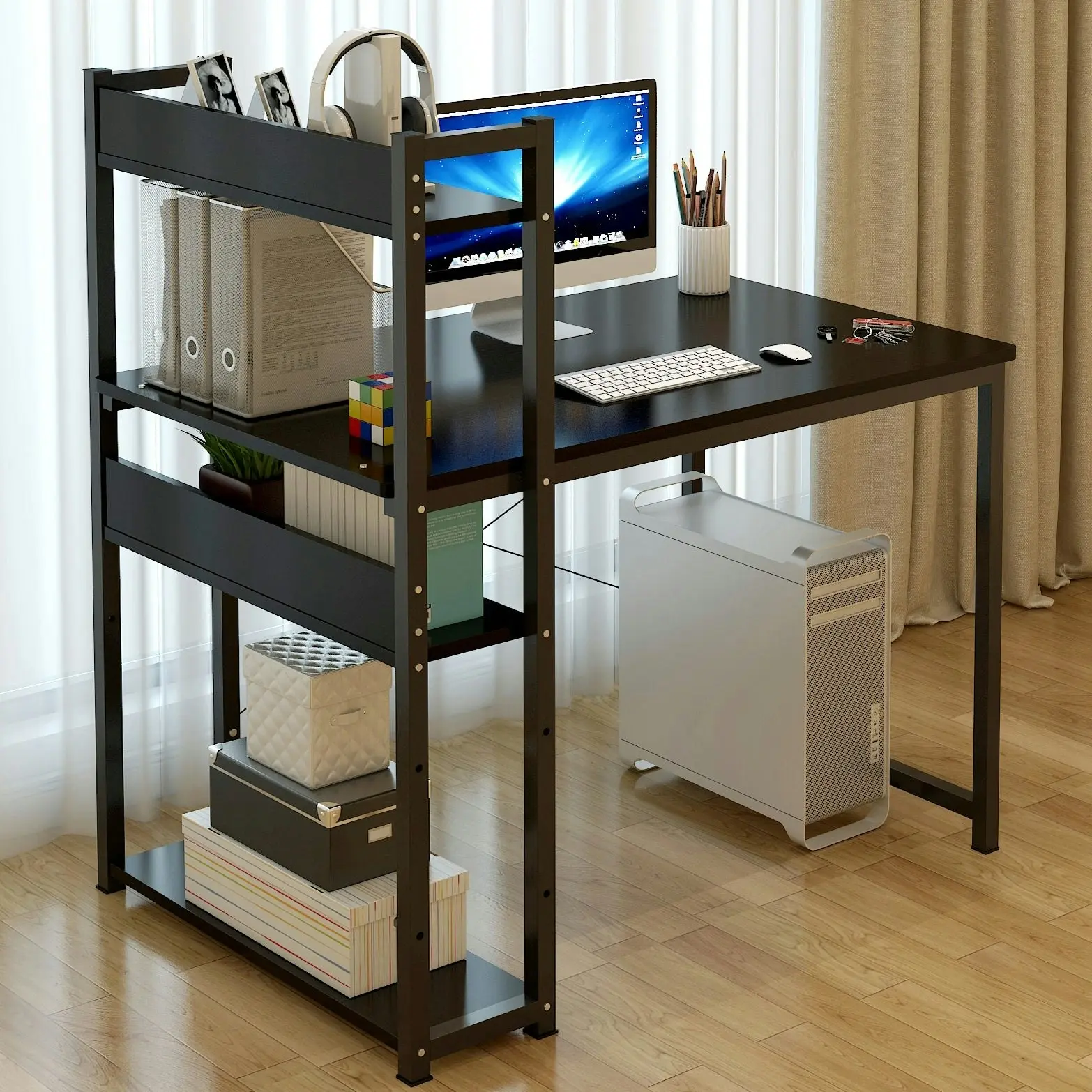 Edge Combination Workstation Computer Desk with Storage Shelves (Black)