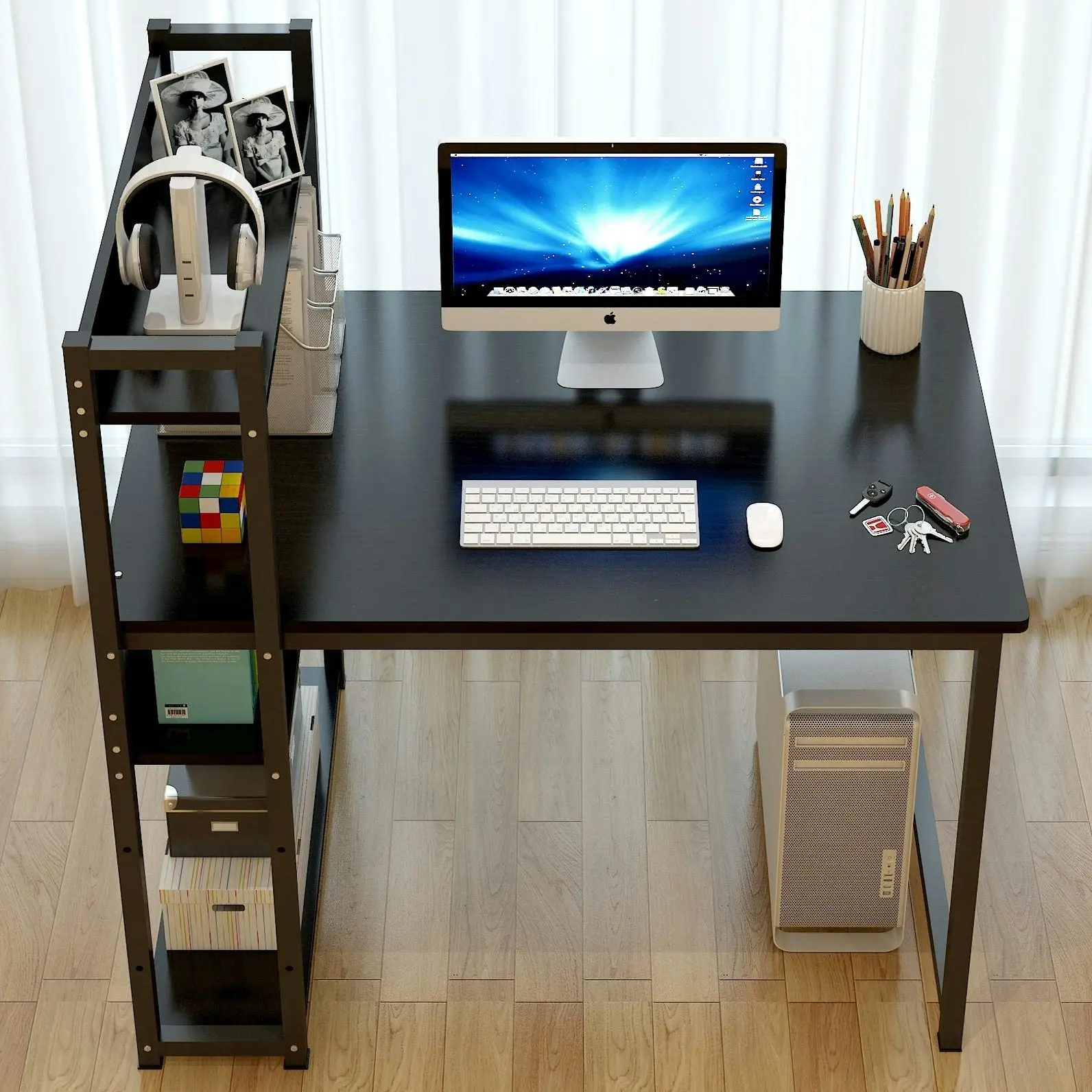 Edge Combination Workstation Computer Desk with Storage Shelves (Black)