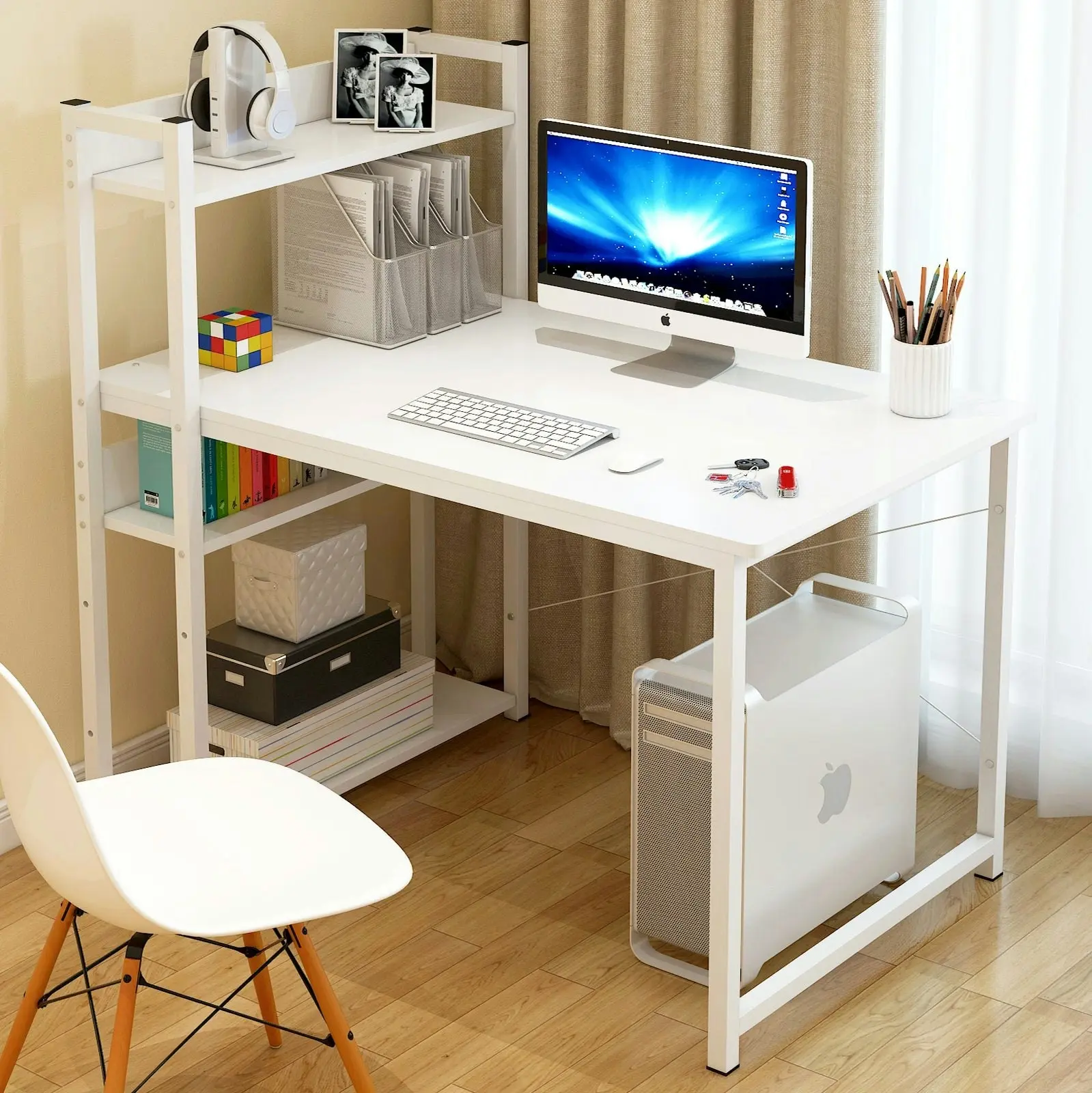 Edge Combination Workstation Computer Desk with Storage Shelves (White)