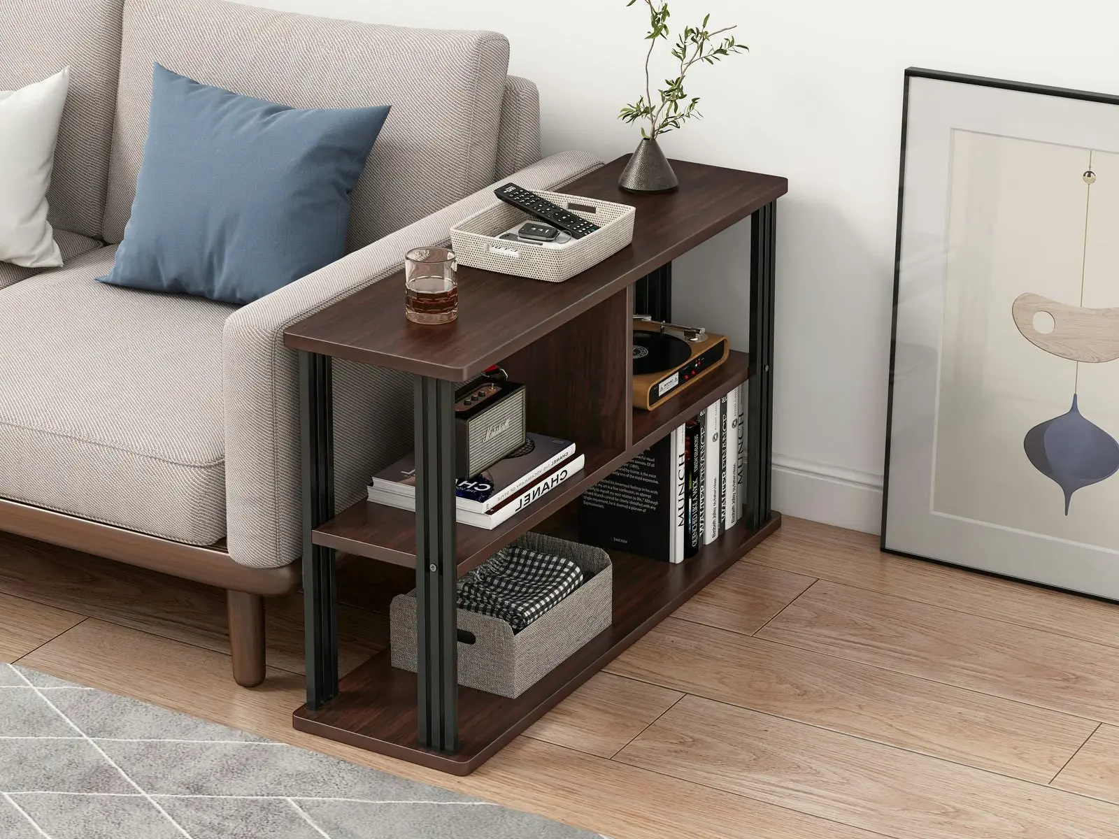 Icon Wood and Steel Sofa Side Table with Shelves (Black Walnut)